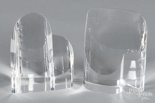 Two Steuben crystal heart paperweights with original cloth bags and boxes, 3 1/2'' h. and 3 3/4'' h.