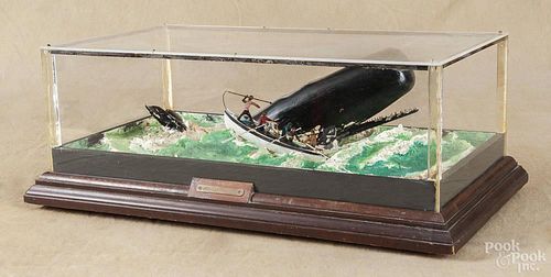 Ship diorama of a whaling scene, 20th c., 8'' h., 20 1/2'' l.