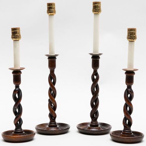 Two Pairs of Turned Wood Candlestick Lamps