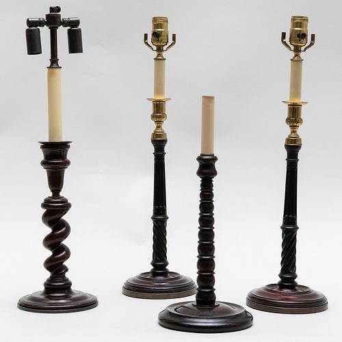 Group of Four Turned Wood Candlestick Lamps