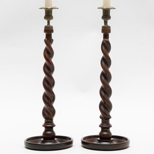 Pair of Tall Turned Wood Candlestick Lamps