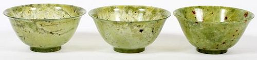 CHINESE CARVED SPINACH JADE BOWLS 3 PIECES
