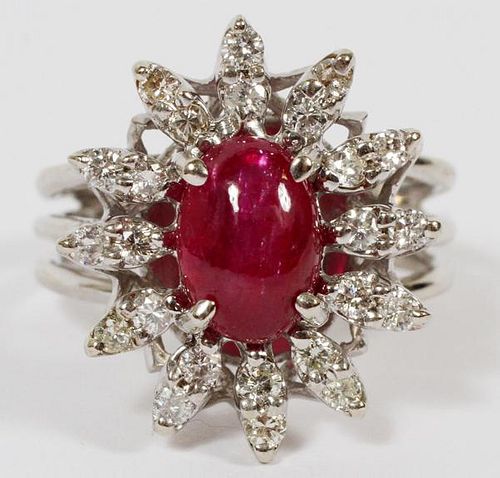 18K WHITE GOLD CABOCHON RUBY AND DIAMOND RING