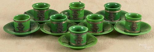 Eight Peking glass cups and saucers with metal mounts, 1 3/4'' h.