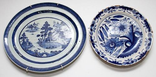 DUTCH BLUE AND WHITE PORCELAIN PLATTER AND BOWL