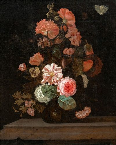 STILL LIFE OF ROSES, CARNATIONS, HOLLYHOCKS AND OTHER FLOWERS OIL PAINTING