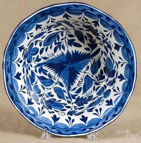 Leeds pearlware wash bowl, early 19th c., with cobalt floral decoration, 4 1/4'' h., 11 3/4'' dia.