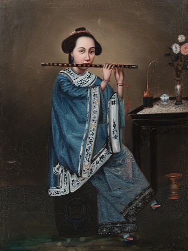 PORTRAIT OF A LADY PLAYING THE FLUTE OIL PAINTING