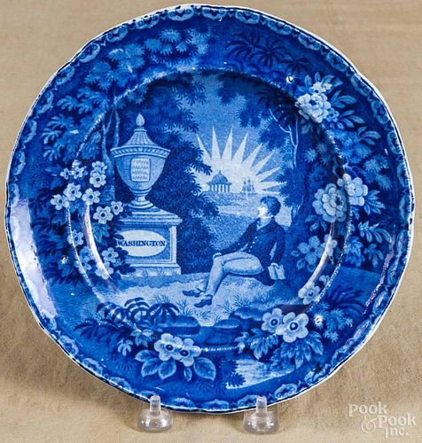 Historical blue Staffordshire Lafayette and Washington's tomb plate, 19th c., 8 1/2'' dia.