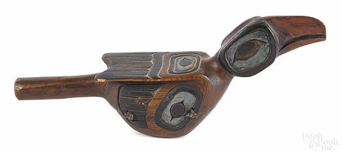 Northwest coast carved and painted raven bird rattle, 20th c., 12'' l.
