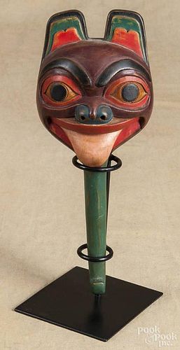 Carved and painted rattle, 20th c., 11'' h.