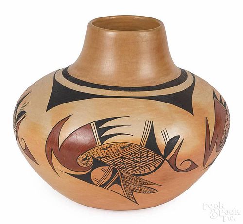 Fawn Navasie, Native American Indian pottery pot, signed, 9'' h.