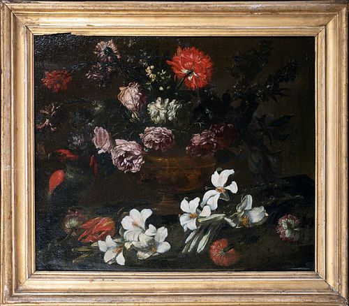 STILL LIFE OF FLOWERS AND A PARROT OIL PAINTING