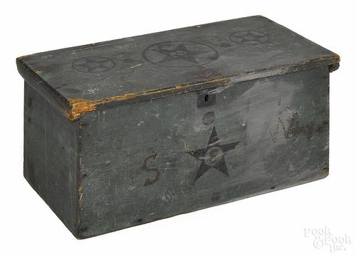 New England painted pine storage box, 19th c., retaining its original black star decoration