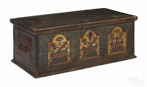 Pennsylvania painted pine dower chest, dated 1820, with tulip panels, 19'' h., 46'' w.