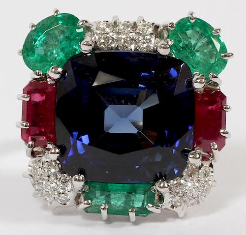 14CT LAB SAPPHIRE RUBY EMERALD AND DIAMOND RING