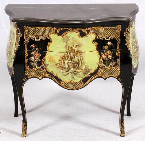 FRENCH CHINOISERIE BOMBE FRONT CHEST OF DRAWERS