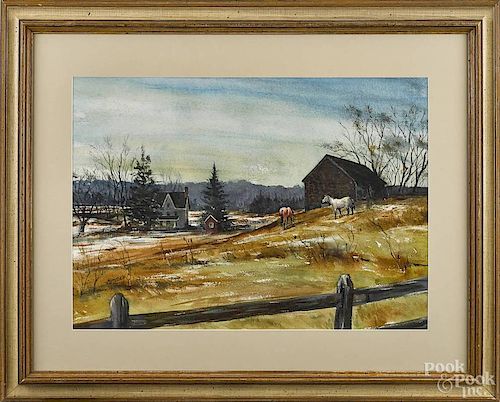 Watercolor landscape of a horse farm, 20th c., signed Metzler, 19 1/4'' x 27''.