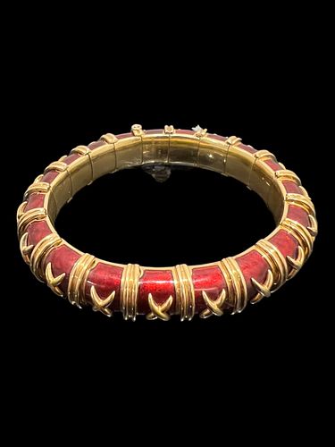 Tiffany & Co. Schlumberger 18K Gold Red Enamel Bangle Bracelet