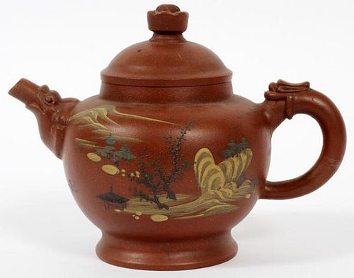 CHINESE PAINTED LANDSCAPE ON POTTERY TEA POT