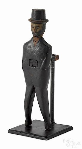 Carved and painted pine figure of a gentleman in a top hat, 19th c., 7 3/4'' h.