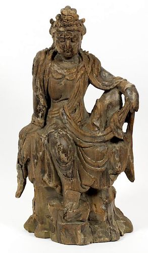 CHINESE CARVED WOOD SEATED QUAN YIN