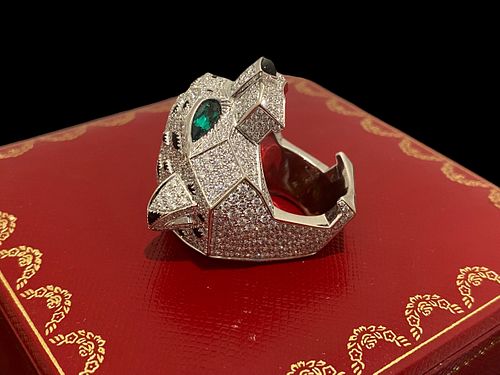 Cartier 18K White Gold & Diamond Panthere de Cartier Ring Diamond Emerald Onyx 