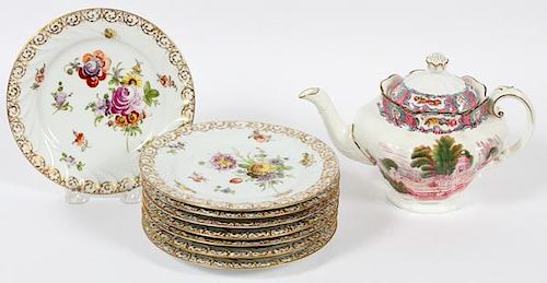 DRESDEN AND SPODE PORCELAIN PLATES AND TEAPOT