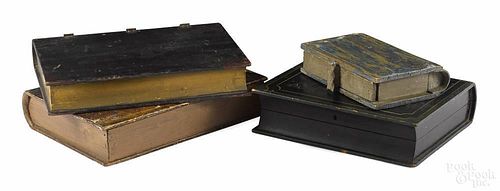 Four painted book-form boxes, 19th c., one with a drawer, largest - 2 1/2'' h., 12'' w.