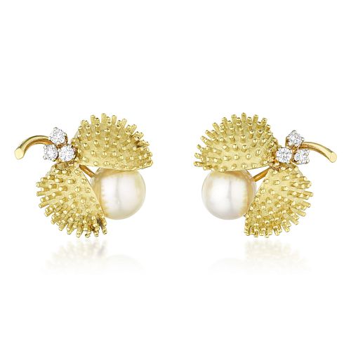 Pearl and Diamond Gold Earclips