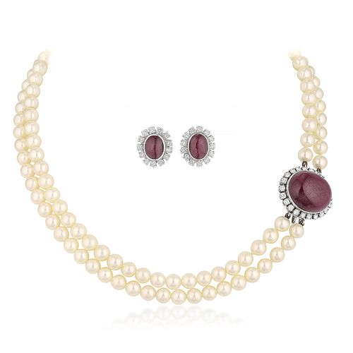 Group of Pearl Ruby and Diamond Necklace and Ruby Diamond Earrings