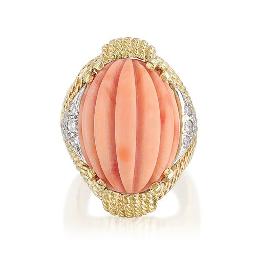 Vintage Coral and Diamond Gold Ring