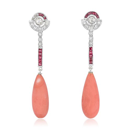 Vintage Coral ,ruby and diamond drop earrings