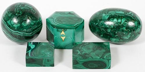 MALACHITE BOXES AND PAPERWEIGHTS 5 PIECES