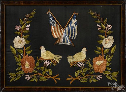 Silk and cotton embroidery, ca. 1900, having a crossed American flag and Greek flag
