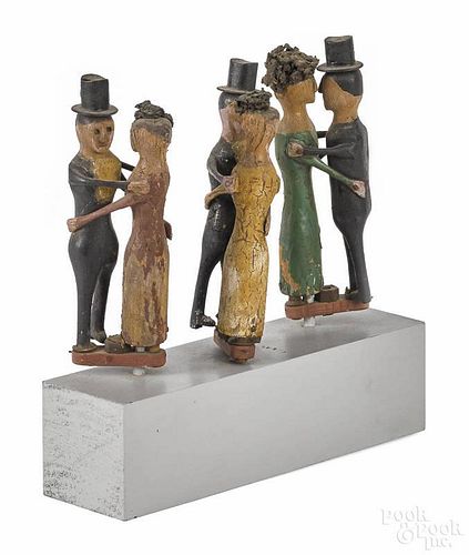 Three carved and painted dancing couples, 19th c., 6 1/4'' h. Provenance: Bernard Barenholtz