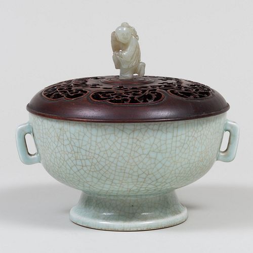 Chinese Celadon Glazed Bowl and a Wood Cover and Carved Jade Finial