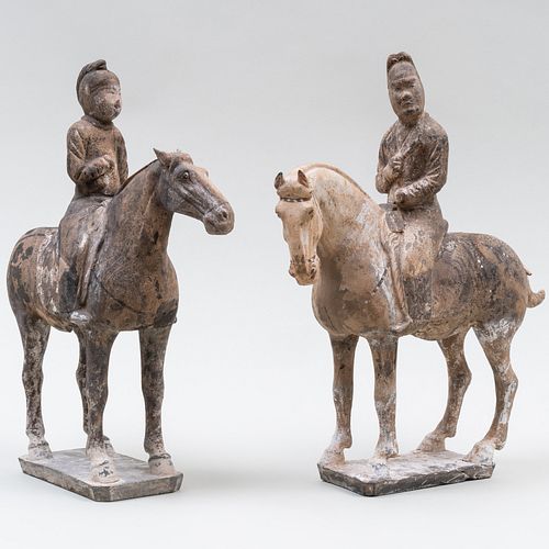 Pair of Chinese Painted Grey Pottery Equestrians