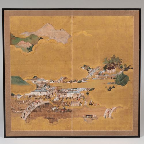 Two Panel Japanese Screen with a Scene of Ancient Kyoto