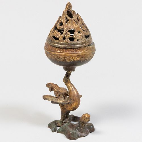 Chinese Gilt-Bronze Bird Form Censer and Cover