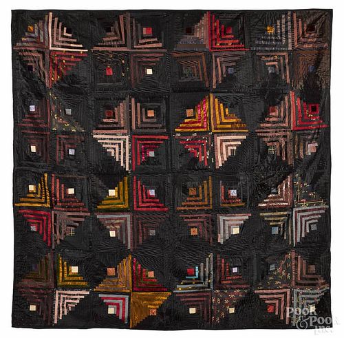 Taffeta and silk log cabin quilt, late 19th c., 80'' x 80''. Exhibited: If Objects Could Speak, 2005