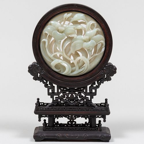  Chinese Zitan Mounted Carved Jade Tablescreen 