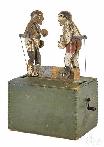 Painted pressboard and pine mechanical boxing toy, early 20th c., 18 1/4'' h.