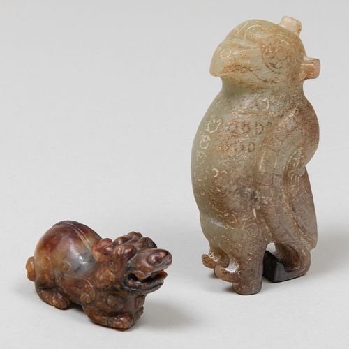 Chinese Jade Figure of an Owl and a Stained Hardsone Mythical Beast  