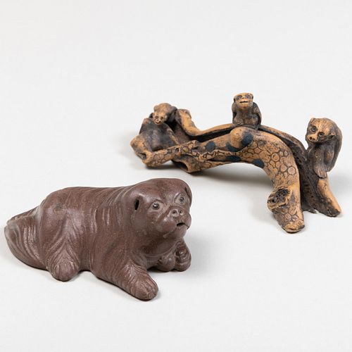 Chinese Pottery Tree Form Brush Holder and a Dog Form Water Dropper 