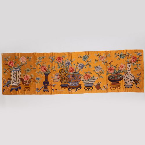 Chinese Gold-Ground Banner Embroidered with Antiques