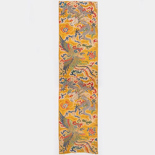 Chinese Gold-Ground Woven Banner with Phoenix and a Composite Gold-Thread Kesi Dragon Panel
