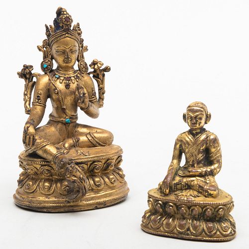 Small Tibetan Gilt-Bronze Figure of a Lama and a Small Gilt-Bronze Figure of Tara