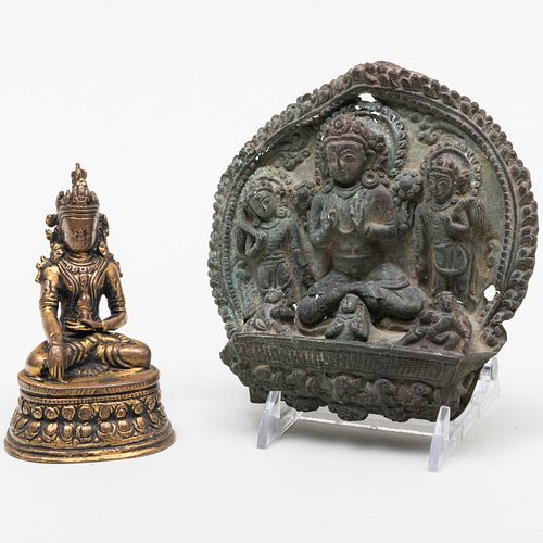 Small Nepalese Gilt-Bronze Figure of Akshobhya and a Copper Repousse Plaque of Surya 