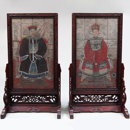 Pair of Chinese Ancestor Portraits with a Pair of Hardwood Stands